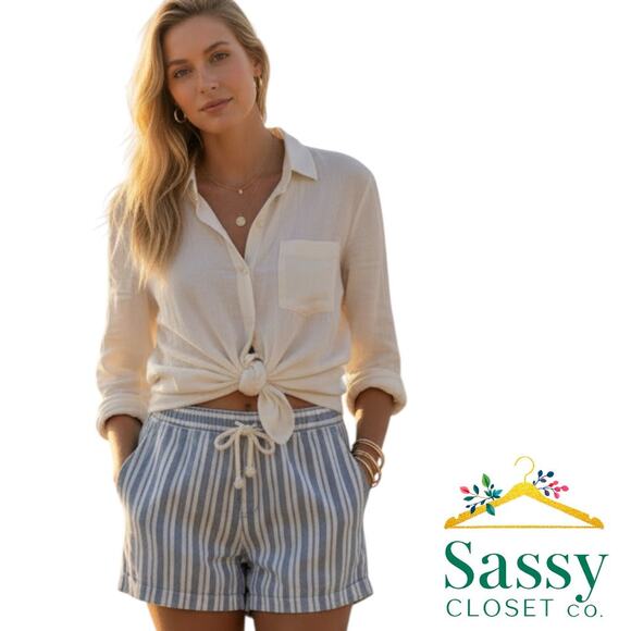 Ralph Lauren Pants - Ralph Lauren Blue White Striped High Waist Resort Shorts Cotton Pull‑On Size M